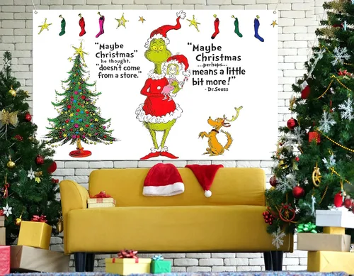 Vista 2 de Sunwer Telón de fondo de Navidad para cabina de fotos, decoración verde de Whoville, telón de fondo de Navidad, fiesta de invierno, decoración