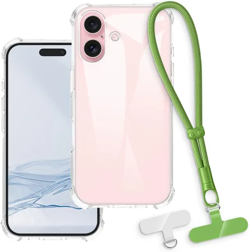 Vista 16 de Funda y correa de muñeca para iPhone 16 - transparente+negro Funda protectora 2 en 1 para teléfono de 6.1 pulgadas con cordón desmontable y Funda