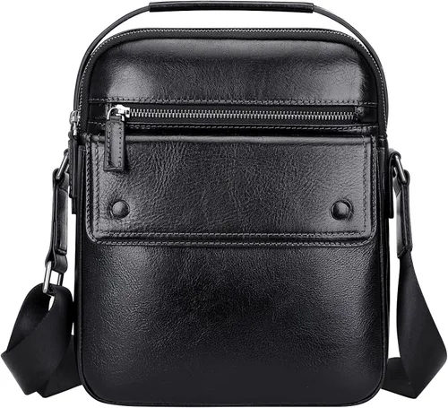 Vista 3 de PIJUSHI Bolso cruzado de cuero genuino para hombre pequeño bolso de mensajero con múltiples bolsillos