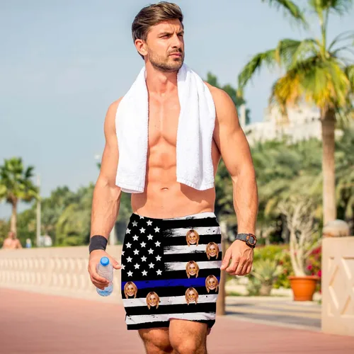 Vista 5 de Traje de baño personalizado para hombre, divertido estampado de fotos personalizado con la bandera estadounidense, pantalones cortos, regalos