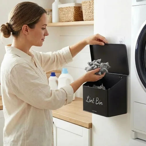 Vista 5 de Papelera metálica magnética con tapa para decoración del cuarto de lavado con contenedor pequeño de pelusas Caja metálica Contenedores de Negro