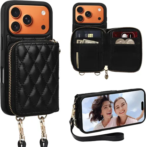 Vista 39 de Funda para iPhone 12 Pro/iPhone 12 de 6.1 pulgadas, cartera cruzada con cremallera para mujer, tarjetero con bloqueo RFID, funda de cuero con Negro