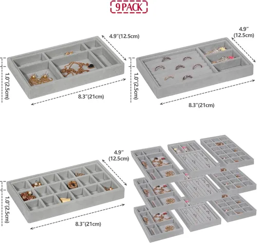 Vista 2 de DIOMMELL Juego de 9 bandejas apilables de terciopelo para joyas, organizador de joyas, bandeja de exhibición para armario, aparador, cajón