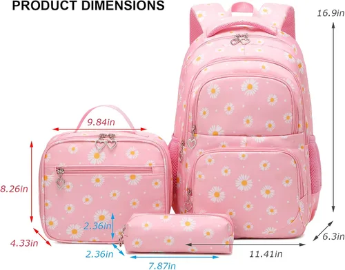 Vista 32 de goldwheat Mochilas impresas margaritas con paquete de almuerzo, estuche de lápices 3pcs, bolsa ligera resistente al agua para la escuela secundaria