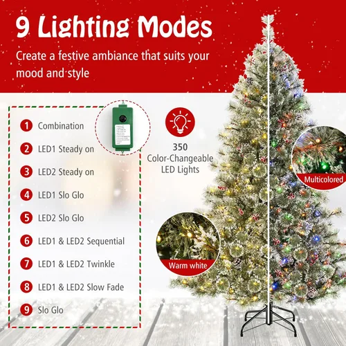 Vista 2 de Goplus Árbol de Navidad artificial preiluminado de 6 pies, árbol de Navidad con bisagras con conector de alimentación rápida de 360°, 350 luces LED