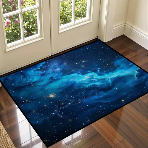 Vista 34 de Alfombra galaxia de 2 x 3 pies para habitación de niños, alfombra de cielo estrellado de pelo bajo, antideslizante, lavable, alfombra nebulosa
