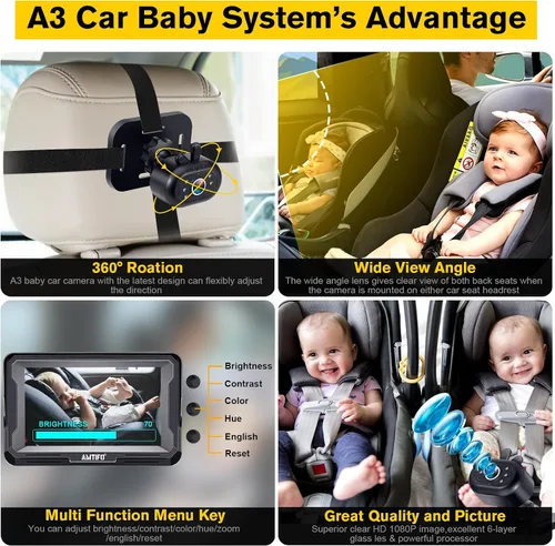 Vista 3 de AMTIFO Cámara para Bebé de Coche Fácil Instalación: Visión Nocturna Clara 2 Minutos Plug-Play Cámara de Asiento Trasero Rotación 360° Monitor