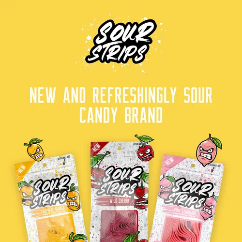 Vista 4 de SOUR STRIPS Dulces tropicales con sabor a mango Deliciosamente Chewy Belts - Caramelos vegetarianos, 12 por paquete, 2