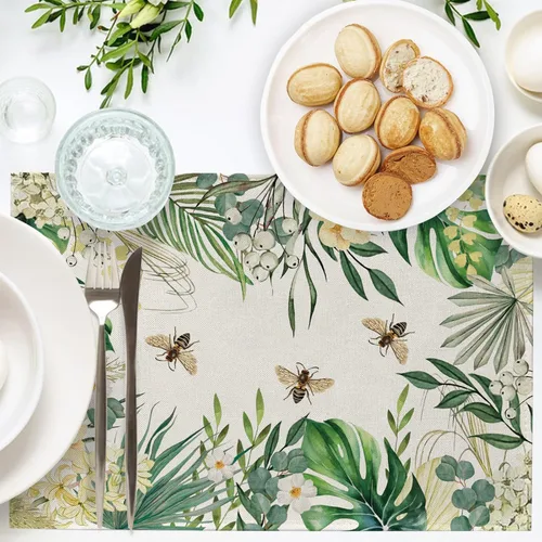Vista 4 de Seliem Juego de 4 manteles individuales florales con plantas tropicales, primavera y verano, hojas de palma, flor de Monstera, abeja, manteles