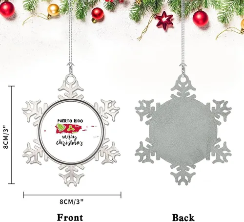 Vista 3 de Adorno de metal con texto en inglés «Merry Christmas» de Puerto Rico, recuerdo de recuerdo para árbol de Navidad, colgante de copo de nieve