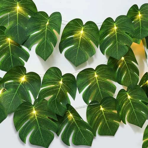 Vista 17 de RECUTMS 20LED Luces de Cadena de Hojas de Monstera, Hojas Artificiales de Palmera de Ratán Tropical, Enredadera Verde Colgante para Pared