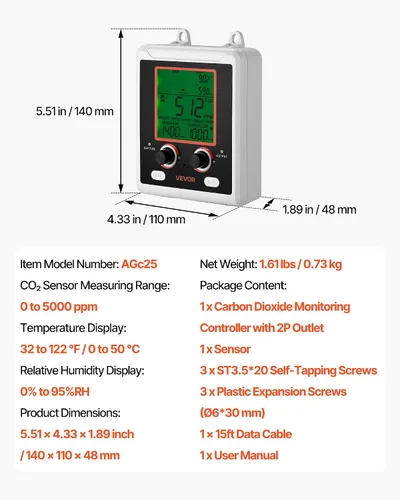 Vista 7 de VEVOR Detector de dióxido de carbono, monitor de CO2 de doble salida, función de detección de día y noche, detector de CO2 de refugio constante