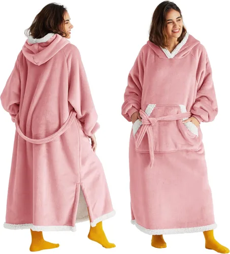 Vista 8 de Bedsure Manta Vestible con Capucha para Mujer - Manta Larga de Forro Polar Sherpa con Capucha para Adultos, Mujeres y Hombres, Cálida y Acogedora