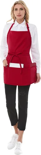 Vista 3 de Delantales de chef para mujer con 3 bolsillos, delantal de trabajo de cocina para cocinar, delantal corto de algodón para barbacoa con cinturón