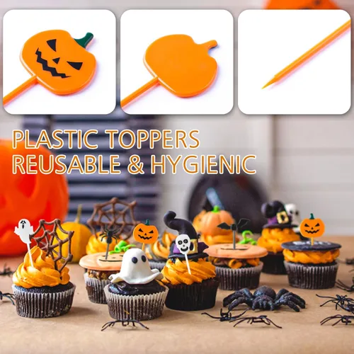 Vista 2 de GlyinnHe 50 piezas de palillos de Halloween para cupcakes, palillos de dientes de plástico para cupcakes, alimentos, cócteles, aperitivos