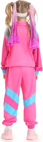 Vista 5 de IMEKIS Disfraz de entrenamiento de los años 80 para niñas, niños, chaqueta de Halloween con pantalones, diadema de los años 80, conjunto de ropa