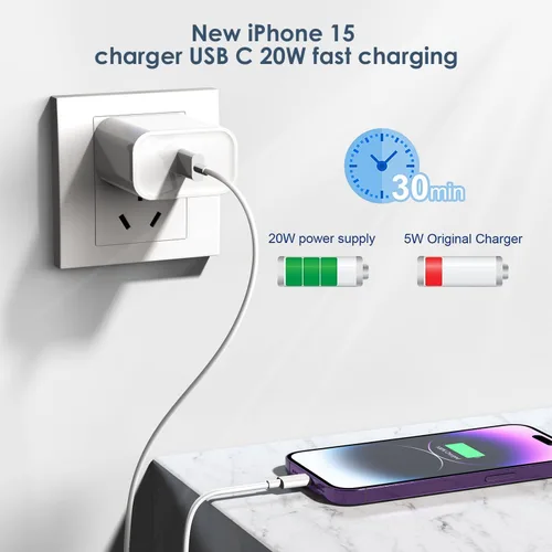 Vista 2 de Cargador de carga rápida para iPhone 17 16 15, paquete de 2 unidades, 20 W, USB C, cargador de pared de viaje, bloque de enchufe, cable de carga