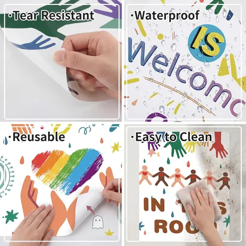 Vista 3 de Estune 2 carteles inspiradores de arcoíris para el aula, letrero de bienvenida para decoración de regreso a la escuela, con texto en inglés