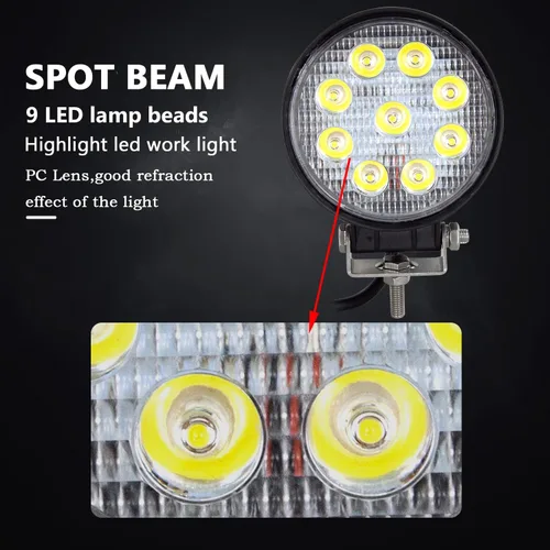 Vista 3 de Willpower 2 piezas de 27 W de 2200 lm, barra de luz de trabajo LED redonda, lámpara de conducción de haz puntual para todoterreno, SUV, barco, Jeep