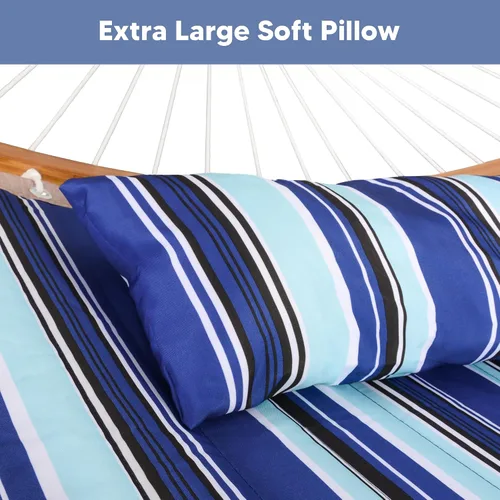 Vista 5 de SUNCREAT Hamaca doble con soporte incluido, hamaca portátil con soporte y almohada grande, rayas azules