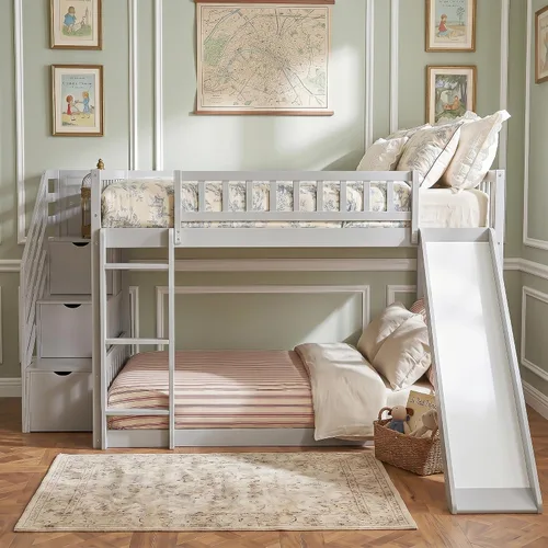 Vista 10 de CITYLIGHT Twin Over Twin Low Bunk Bed with Slide and Storage Stairs, Gray Grey
