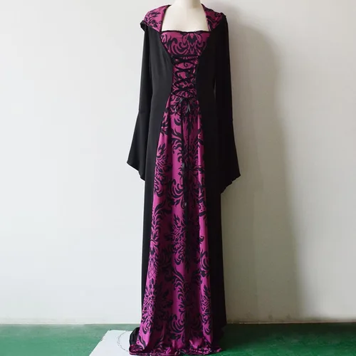 Vista 7 de ZEFOTIM Vestido renacentista para mujer, manga largamurciélago, corsés hasta el suelo con capucha, vestido gótico, cosplay