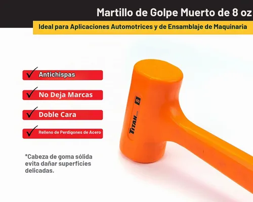 Vista 5 de Titan 63008 Martillo de Golpe Muerto de 8 onzas con Cabeza Rellena de Perdigones de Acero, Resistente a Chispas y Rebotes, Mango Texturizado Tipo