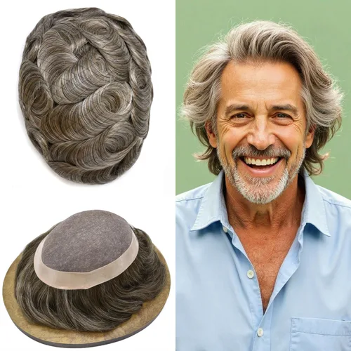 Vista 13 de Fine Mono Men Hair System Mens Toupee Real Human Hair Pieces For Men's Toupee Hair System For Men Hair Piece Natural Hairline 6X8 densidad de luz