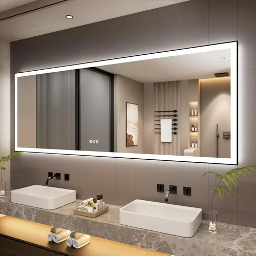 Vista 11 de Espejo de baño LED de 24x28 pulgadas con marco negro, espejos de baño retroiluminados y con luz frontal para pared, antiempañamiento, regulable