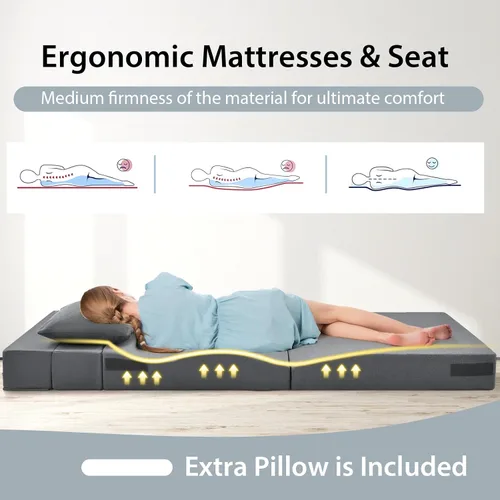 Vista 7 de Giantex Sofá cama plegable de 6 pulgadas con almohada, colchón de triple pliegue con espuma de alta densidad, sofá plegable con reposacabezas, cama