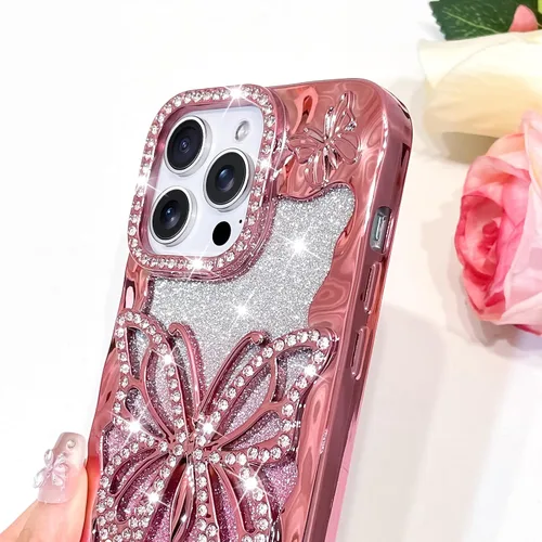 Vista 4 de Bonoma Funda con purpurina para iPhone 13 Pro Max, bonita funda 3D con patrón de chapado en degradado de mariposa de diamante, protección de cámara