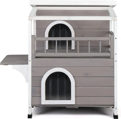 Vista 2 de Casa para gatos de 2 pisos con balcón grande, condominio interior para gatos al aire libre, hogar de madera para gatos