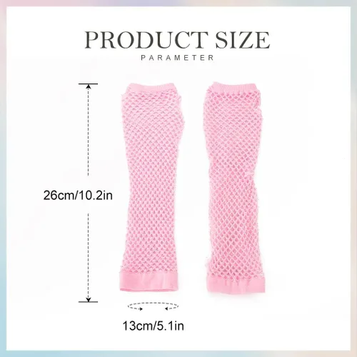 Vista 2 de Kakaco Guantes de red para mujer, guantes de malla neón sin dedos, guantes largos de red de los años 80, guantes de disfraz para mujeres y niñas