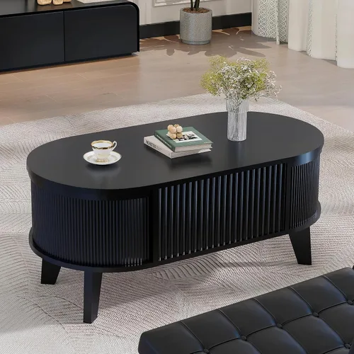 Vista 6 de LYNCOHOME - Mesa de centro con tapa abatible y almacenamiento, mesa de café ovalada moderna para sala de estar u oficina en casa (Negro)
