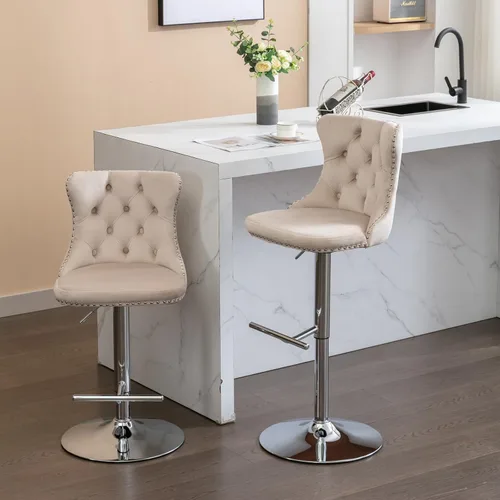 Vista 2 de Juego de 2 taburetes de bar de terciopelo beige, sillas de bar giratorias ajustables con respaldo