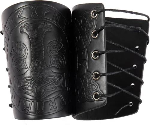Vista 5 de Brazaletes vikingos de cuero sintético, muñequera de guantelete de cuero, brazaletes medievales, armadura de brazo, caballero LARP, 2 piezas