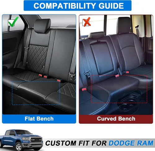Vista 2 de 5 fundas de asiento de camión para Dodge Ram con banco plano 1500/2500/3500 2009-2023, juego completo de protectores de asiento de cuero Negro