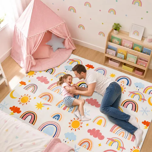 Vista 5 de Alfombra de arco iris para niños, 3 pies 3 pulgadas x 4 pies 11 pulgadas, alfombra suave para niños, alfombra grande lavable espacial
