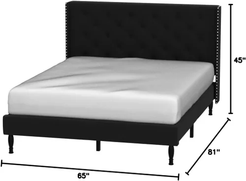 Vista 2 de Base de cama de plataforma tapizada Queen con cabecera de 45 pulgadas y base ajustable, cama de lino con botones copetudos, soporte de listones