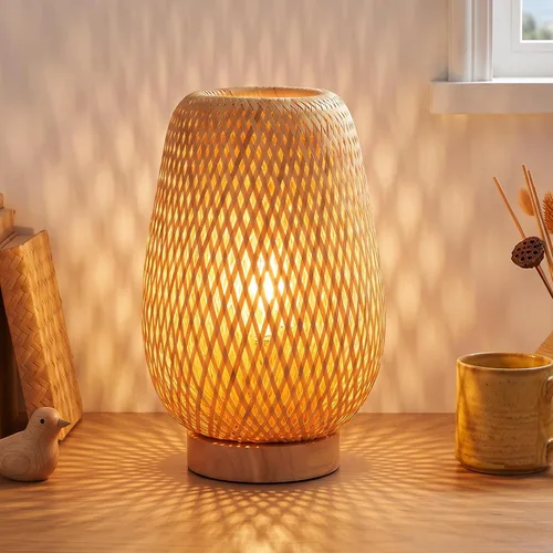 Vista 8 de Lámpara de mesa de tejido de bambú con base de madera natural hecha a mano, luz nocturna de noche para dormitorio, lámpara de escritorio retro, luz