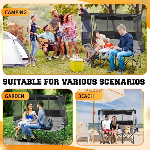 Vista 5 de Teenyyou Silla de camping para 3 personas con toldo – Silla de playa de gran tamaño con protección solar UV, sofá biplaza plegable resistente de 700