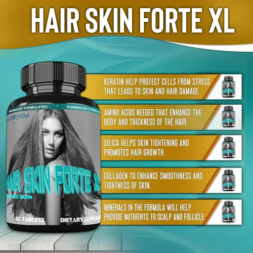 Vista 4 de Hair Skin Forte XL Complejo de crecimiento del cabello y la piel 10,000 mcg de biotina + péptidos de colágeno promueve un cabello más grueso, más