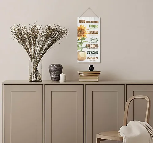 Vista 4 de Letrero decorativo de madera con cita inspiradora cristiana, Dios dice que eres, versículos de la Biblia, decoración de placa de madera impresa