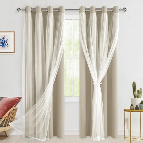 Vista 111 de Hiasan Cortinas opacas con superposición transparente, aislamiento térmico para mezclar y combinar de doble capa, cortinas de oscurecimiento de Beige