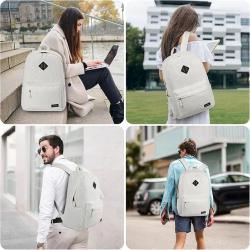 Vista 6 de BIKROD Mochila para niñas, mochila escolar beige para adolescentes y niños, mochila ligera de pana suave casual para mujeres, mochila grande