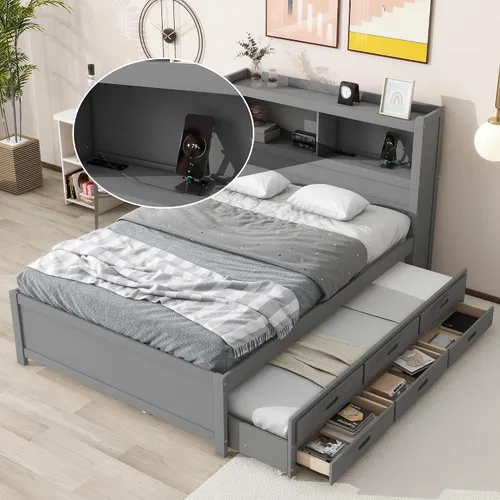 Vista 10 de Polibi Cama de plataforma de tamaño matrimonial con nido individual y estantería, cama de plataforma de almacenamiento de madera con cabecera