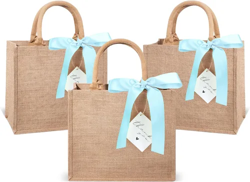 Vista 10 de Paquete de 6 bolsas de arpillera con asas reutilizables, mini bolsas de regalo de yute con cintas de seda azules, forro impermeable para bodas