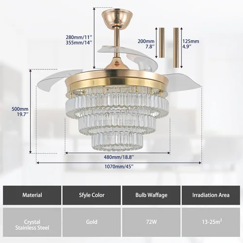 Vista 3 de CLAIRDAI Ventilador de techo de 42" de oro con candelabro de cristal y luces con APP y control remoto, lámparas regulables, 3 cambios
