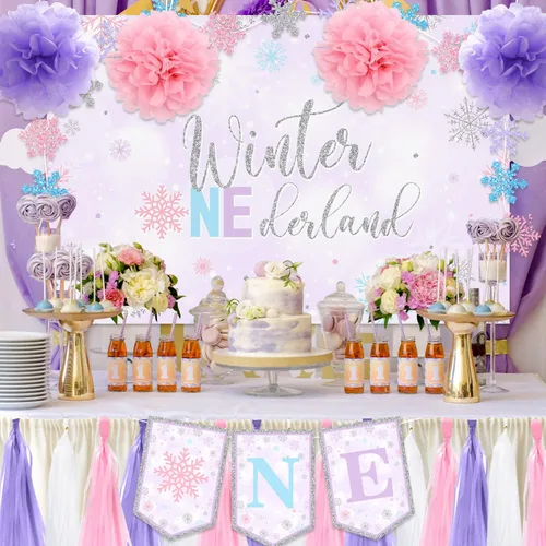 Vista 5 de Decoraciones de cumpleaños de invierno Onederland para silla de bebé, cartel de primer cumpleaños para niñas, decoración para silla de bebé