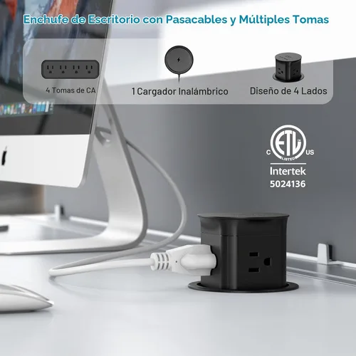 Vista 2 de Jgstkcity Toma de corriente desplegable con cargador inalámbrico de 15 W, 4 salidas de 15 A, resistente a salpicaduras, ojal de alimentación de Negro